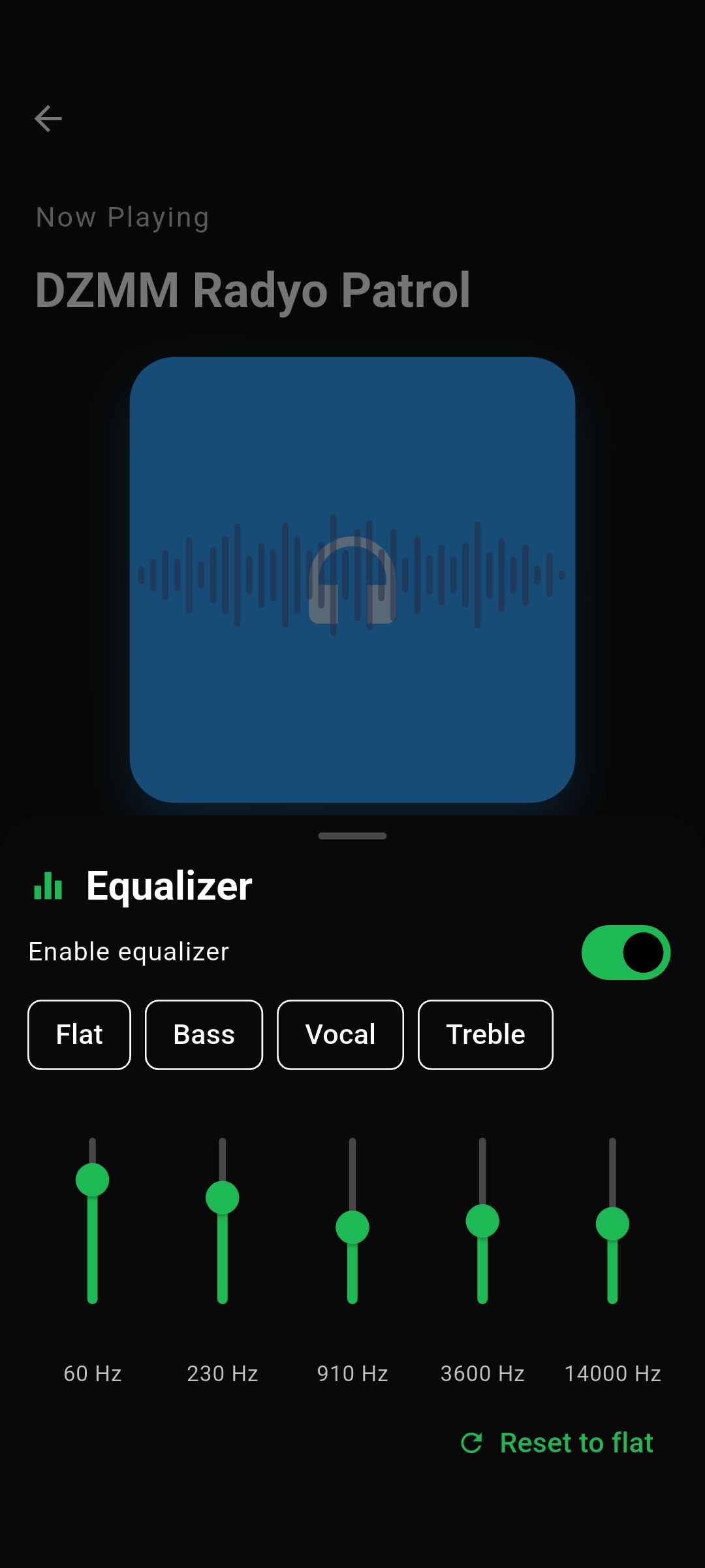 Equalizer sheet with Flat, Bass, Vocal, and Treble presets